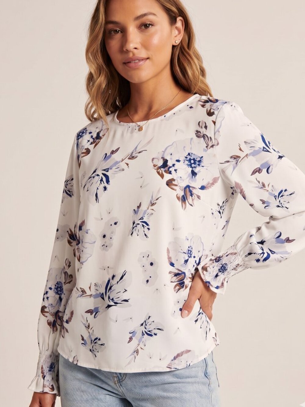 NWT | Dokotoo Ivory & Indigo Blue Floral Print Smocked Ruffle Cuff Blouse | Smal